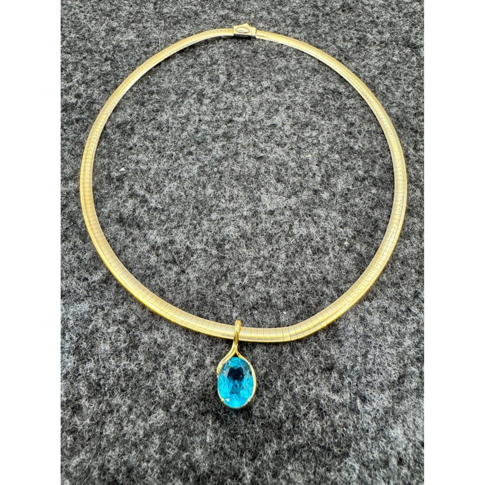 Italian 925 Sterling Silver Gold Tone Reversible Omega Chain Blue Topaz Pendant